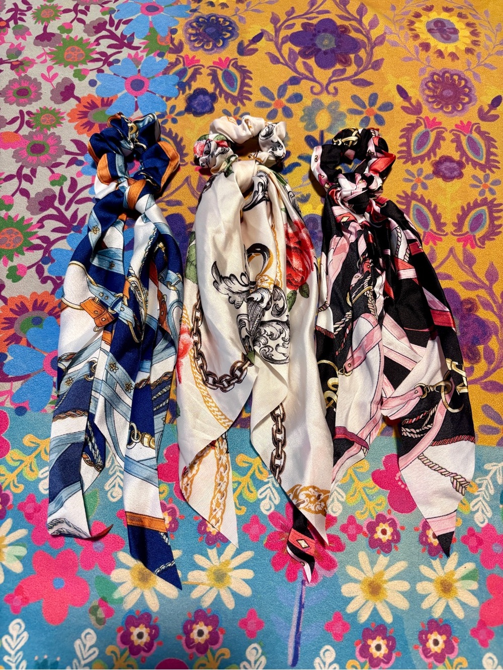 Silky Floral & Chain Print Scarf Scrunchie Trio (Blue, Cream, Black)